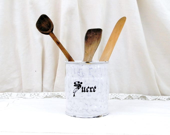 Antique French Chippy White and Blue Marbled Enamel Sugar Canister with Gothic Lettering, French Country Kitchen Enamelware Decor