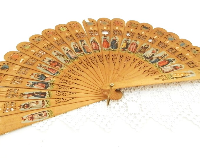 Rare Antique Swiss Wooden Sycamore Fretwork Fan with Switzerland's Town / Regions Coats of Arm / Crest / Blazon and Women in Regional Dress