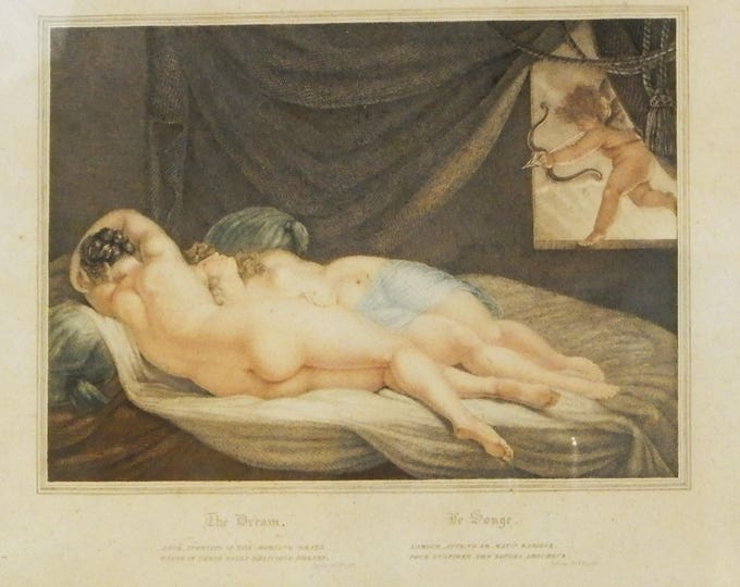Antique Early 19th Century Framed Engraving The Dream with 2 Women Sleeping and a Cherubim, 1820s French Engraving, Erotic Etching