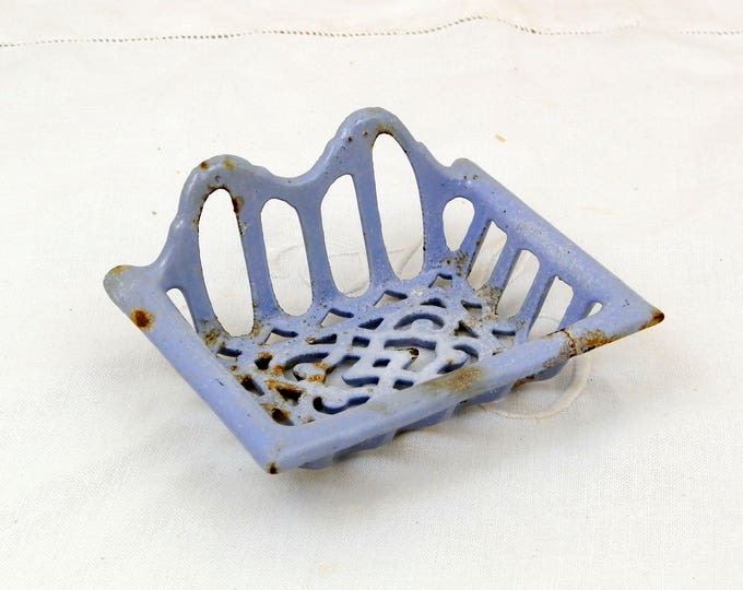 Small Antique Cast Iron Enameled Sky Blue Wall Hanging Soap Holder, French Blue Chippy Enamel Mural Soap Bar Dish, Enamelware Retro Bathroom