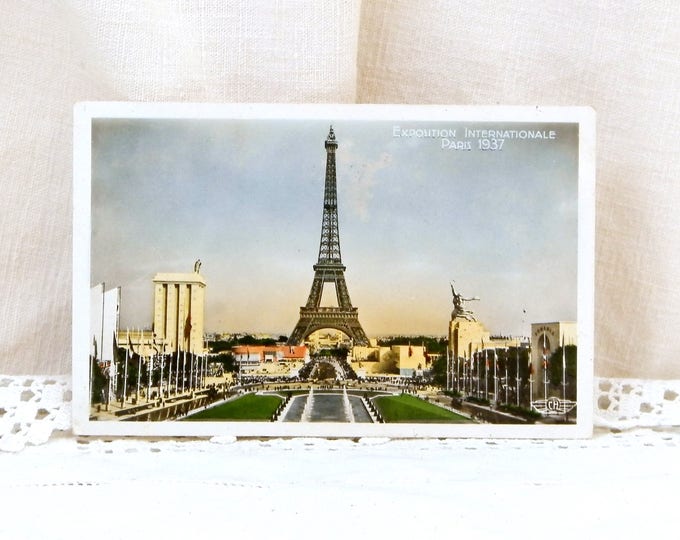 Vintage French Color 1930s Postcard of the Eiffel Tower and the International Exhibition in 1937 in Paris France, Art Deco Architecture