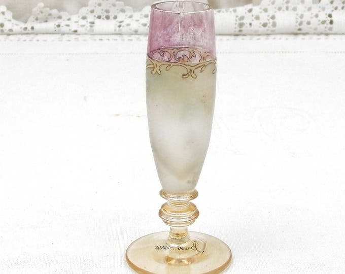 Small Antique Hand Painted Boheme Glass Posy Vase, Tiny French Art Nouveau Flower Bouquet Stem Foot Glass Vase with Painte Floral Pattern