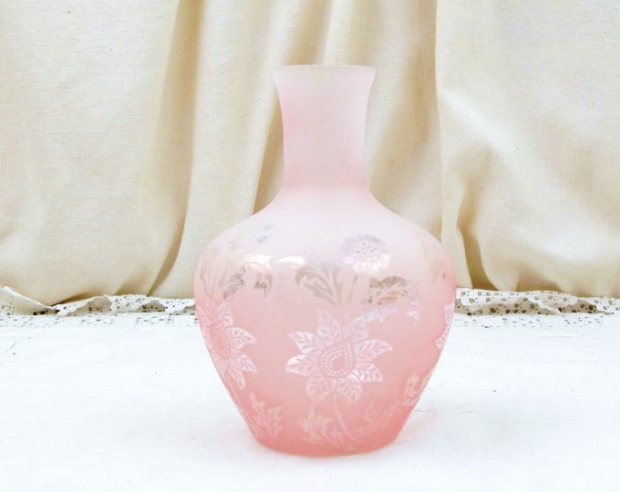 Antique Pink and Iridescent Frosted Glass Vase with Floral Pattern from France, Belle Epoque 1920s Flower Vase, French Brocante Retro Home