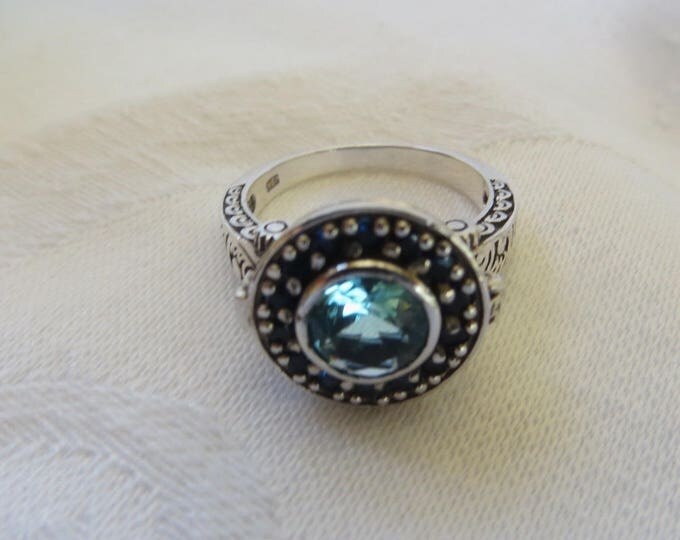 Vintage Aquamarine Poison Ring, Sterling Silver Filigree. Blue Sapphire Stones, Size 6