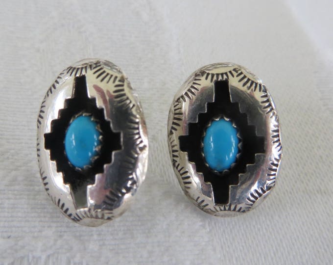 Sterling Navajo Earrings, Vintage Navajo Turquoise Pierced Earrings, Native American Jewelry