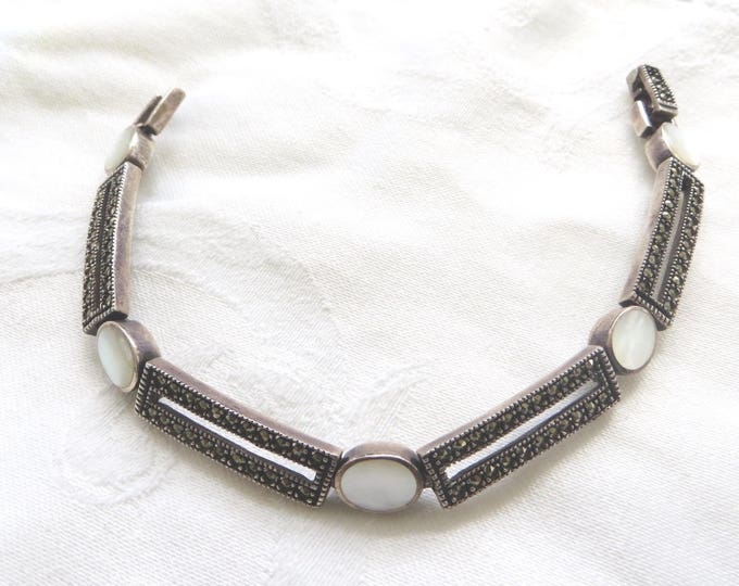 Art Deco Sterling Bracelet, Mother of Pearl, Deco Marcasite Bracelet, Vintage Art Deco Jewelry