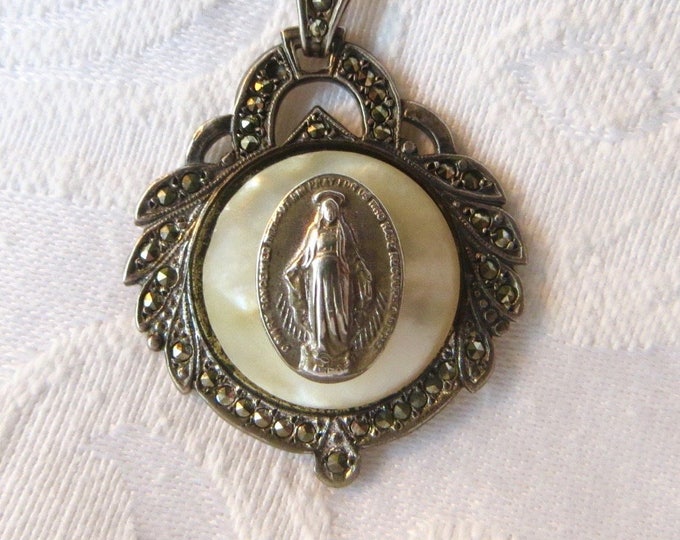 Vintage Art Deco Religious Brooch, Sterling Silver Marcasite Mother of Pearl, Virgin Mary Pin, Blessed Mother Pin, Vintage Religious Jewelry