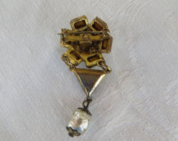 Vintage Baroque Pearl Brooch, Rhinestone Heraldic Pin, Baroque Pearl Dangle, Vintage Heraldic Jewelry