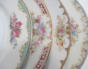 Vintage Shabby Mismatched China Salad Plates, Cottage Chic,Wedding,Tea Party,Bridal Luncheon,Showers,Hostess Gift,Bridesmaid Gift - Set of 4
