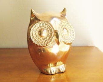 Vintage Large Brass Owl Figurine, Gold Owl Statue, Heavy Brass Owl, Brass Bird
