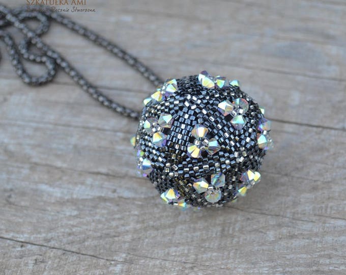 Crystal bullet swarovski large pendant Ball small beads AB shining effect Dark gray white crystal Chain mesh necklace swarovski Gift her
