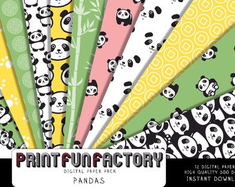 Panda digital paper - Panda black and white, green, yellow background paper - 12 digital papers (#210) INSTANT DOWNLOAD