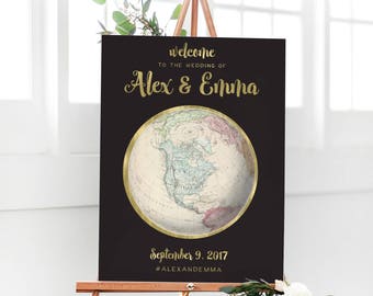 Travel Wedding Welcome Sign - Vintage Map Sign - Black and Gold Wedding - Travel Theme Wedding Decor - Gold Wedding Decor