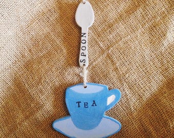 Tea Cup and Spoon or Tea Cup and Union Jack Wooden Hanging Decoration. Customised / Personalised to Order!