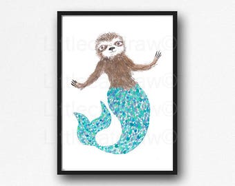 Sloth Print Mermaid Aqua Merman Mersloth Sloth Watercolor Painting Wall Art Animal Art Print Bedroom Wall Decor Sloth Gift Unframed