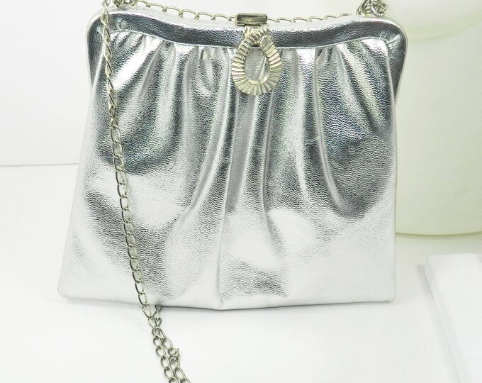 Vintage 1950s Silver Evening bag, Formal accessories, ball prom bridal purse, Vintage 1950s Silver Metallic Evening 50s Silver Vinyl