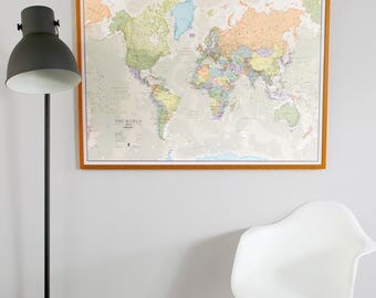 Classic World Map - home decor, living room, bedroom, wall art, vintage map, large world map, push pin map, gift for him, gift for her