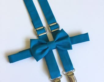 Oasis Blue Bow Tie and Suspender Set, Teal Suspenders, Men's Suspenders, Blue Suspender Bow Tie, David's Bridal Oasis, Dark Teal