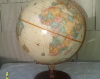 Vintage Replogle 12" World Globe on Wooden Base, Vintage Desk Globe , Tan Raised Globe, Replogle World Classic, Vintage World Globe