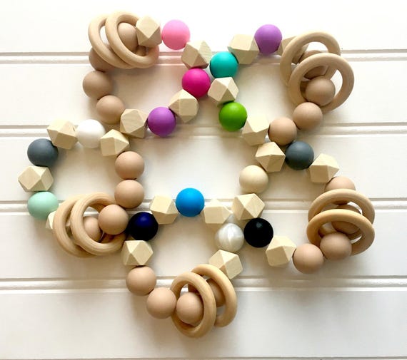 Gender neutral dummy clip teether set baby wood and silicone