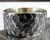 Mens Wedding Ring Wide Sterling Silver Black Hammered Textured Band 10mm Wide