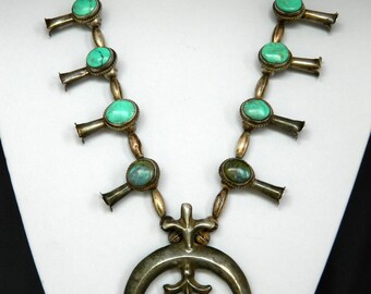 Native American Navajo Turquoise Sterling Silver Squash Blossom Necklace With Sandcast Naja 26"