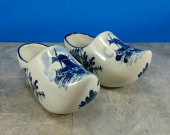 Vintage Ceramic Holland Windmill Shoes with Delft's Blue Designs - Golden Crown E & R - Handpainted