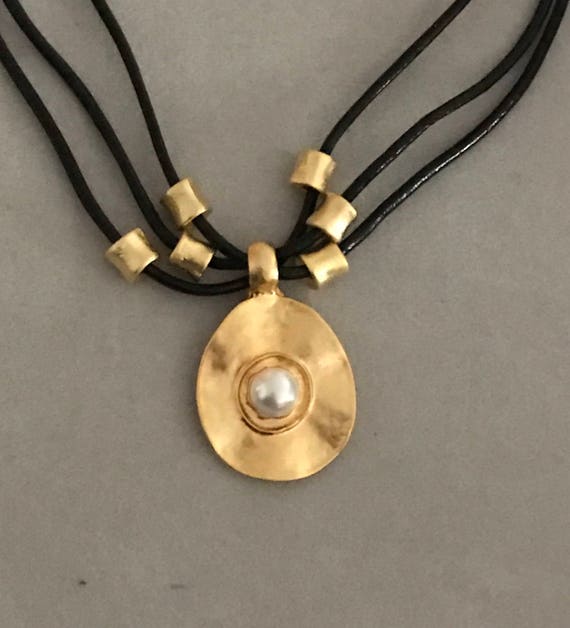 Black Multi Cord Necklace with Gold Plated Disc Medallion and