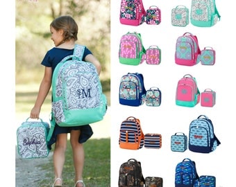 Monogrammed Matching Backpack & Lunchbox Set Girls Boys Kids Personalized Bookbag Lunch Bag Paisley Camo Floral Boho Navy Pink Mint Green