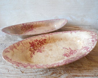 Stunning pair of hors d'oeuvre dishes Choisy le Roi, French antique ironstone platters. 1880s H Boulenger, Floreal pattern. XIX th century.