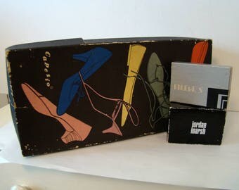 Vintage retail boxes, vintage cardboard boxes, Capezios shoe box, Jordan Marsh jewelry box, Felines vintage box