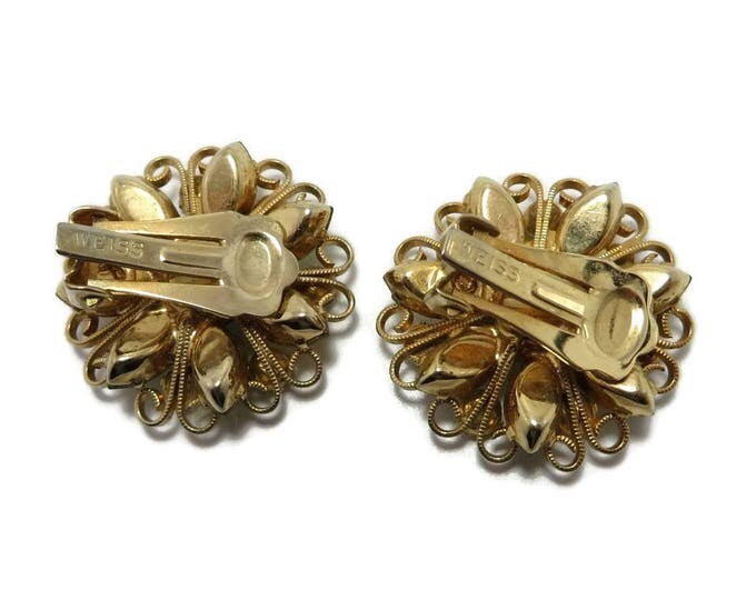 Weiss Flower Rhinestone Earrings, Vintage Green Yellow Blue Earrings, Signed Weiss Jewelry