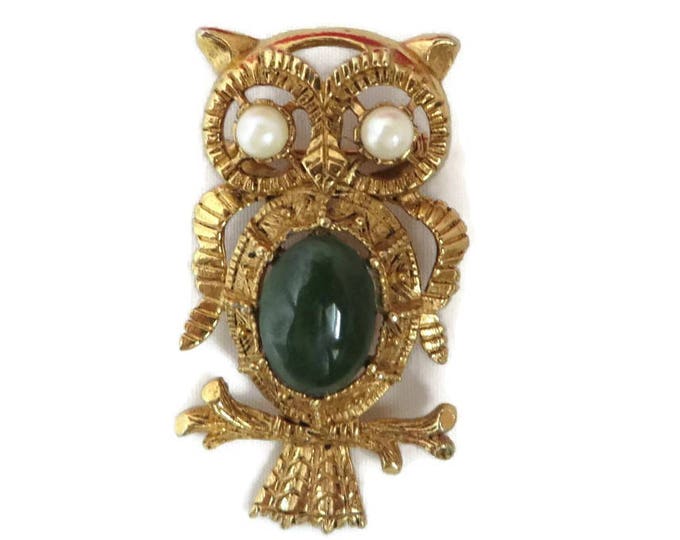 Owl Pendant Brooch, Vintage Gold Tone Owl Brooch-Pendant, Jade Glass Brooch, Faux Pearl Eyed Owl Pin, Bird Pendant, Owl Jewelry