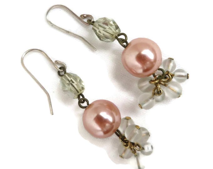 Pink Pearl Earrings, Danging Faux Pearl Earrings, Clear Bead Dangles, Vintage Pierced Earrings