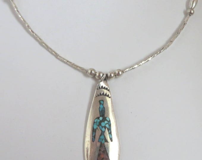 Navajo Silver Pendant Necklace | Vintage Signed Delvin Nelson Jewelry | Turquoise Coral Chip Inlay Pendant Necklace