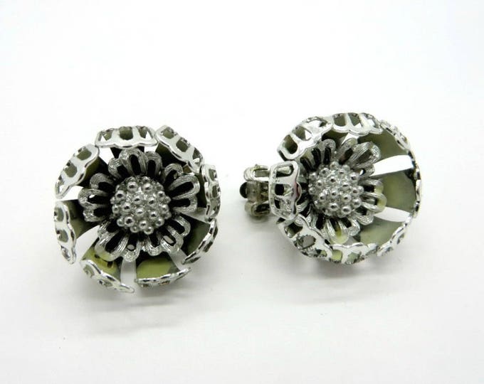 Coro Silvertone Flower Earrings, Vintage Floral Clip-on Earrings, Signed Coro Jewelry