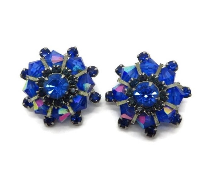 Weiss Royal Blue Rhinestone Earrings, Vintage AB Rhinestone Clip-on Earrings, Signed Weiss Jewelry