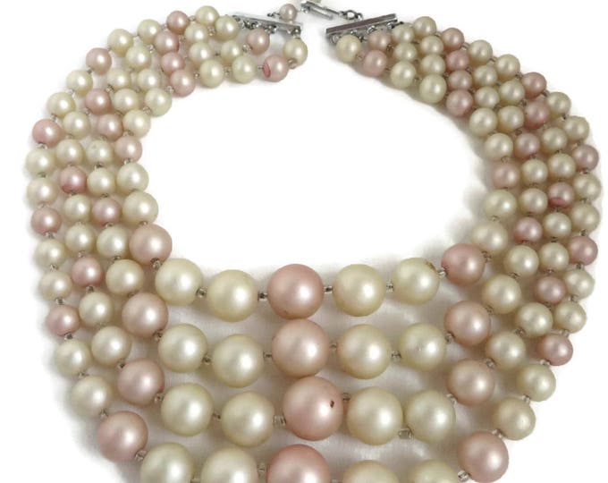 Vintage Japan Faux Pearl Necklace, Pink and Cream Four Strand Necklace