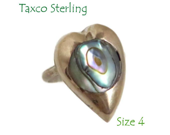 Taxco Sterling Ring - Vintage Mexican Silver Abalone Ring, Heart Shaped, Size 4, Gift Idea, Gift Boxed