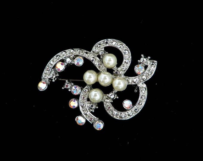 Vintage AB Rhinestone Faux Pearl Brooch | Mid Century Silver Tone Flower Pin | Bridal Jewelry