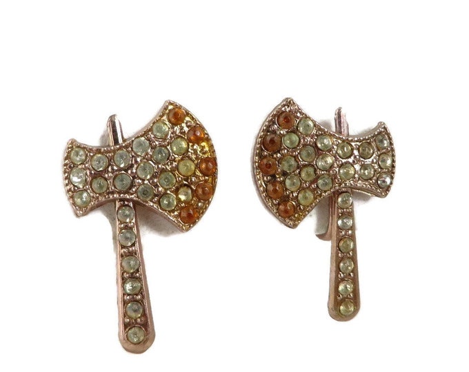 Vintage '50s Novelty Earrings, Copper Toned Rhinestone Tomahawk Screwback Earrings