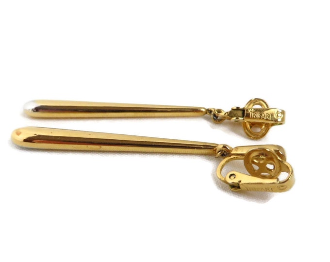 Long Dangling Earrings, Vintage Clip-ons, Crown Trifari Dangling Rod Earrings, Vintage Shiny Gold Tone Clip-on Earrings