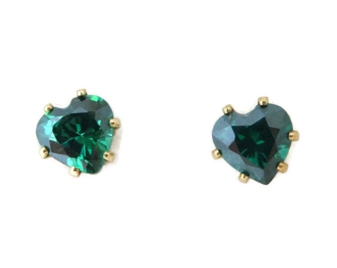 14K Gold Earrings, Emerald CZ Pierced Earrings, Vintage Heart Earrings, Pierced Studs, May Birthday, Gift for Her
