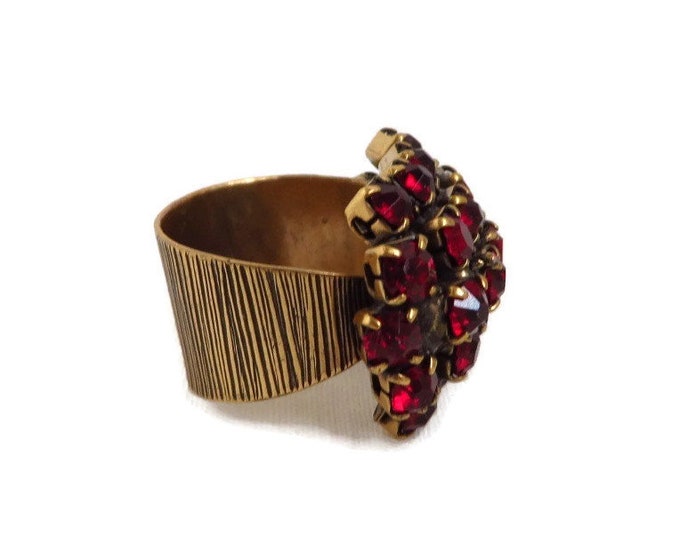 Rhinestone Ring, Vintage Ruby Rhinestone Ring, Gold Tone Wide Band Multi Stone Cocktail Ring, Adjustable Ring