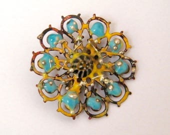 ROSE - Brooch enameled copper, blue and yellow filigree