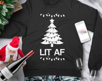 LIT Ugly Christmas Sweater Crewneck Red Fleece Sweatshirt with