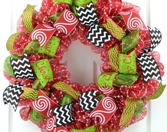 Christmas Wreath - Bright Christmas Wreath - Whimsical Christmas wreath - Black White Christmas wreath - Candy Cane wreath- Candy cane decor