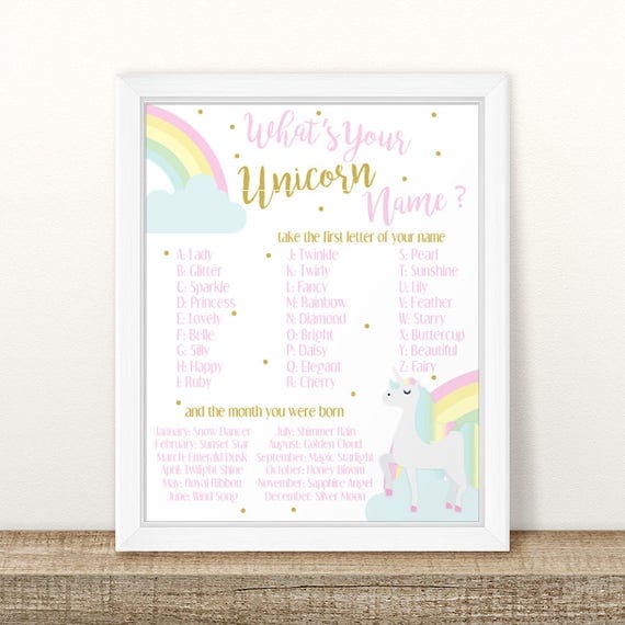 printable unicorn name birthday game sign rainbows and