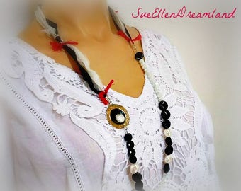 sari silk ribbons necklace black white boho long necklace,hammered mother of pearl necklace,main fait,egst,summer party
