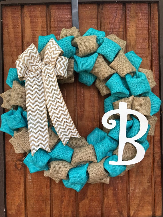 CPM Initial Letter B Burlap Wreath In Natural And Turquoise